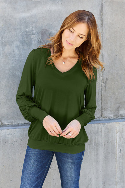 Basic Bae Full Size V-Neck Lantern Sleeve Blouse Army Green