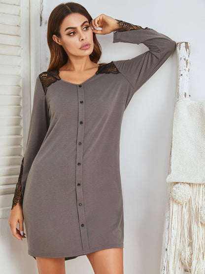 Lace Detail Long Sleeve Mini Lounge Dress Dark Gray