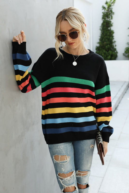 Rainbow Stripe Dropped Shoulder Sweater Black