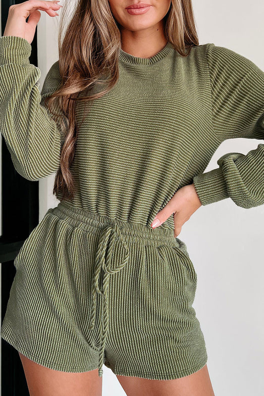 Jungle Green Corded Pullover Long Sleeve Drawstring Romper Pickle Green 75%Polyester+20%Viscose+5%Elastane