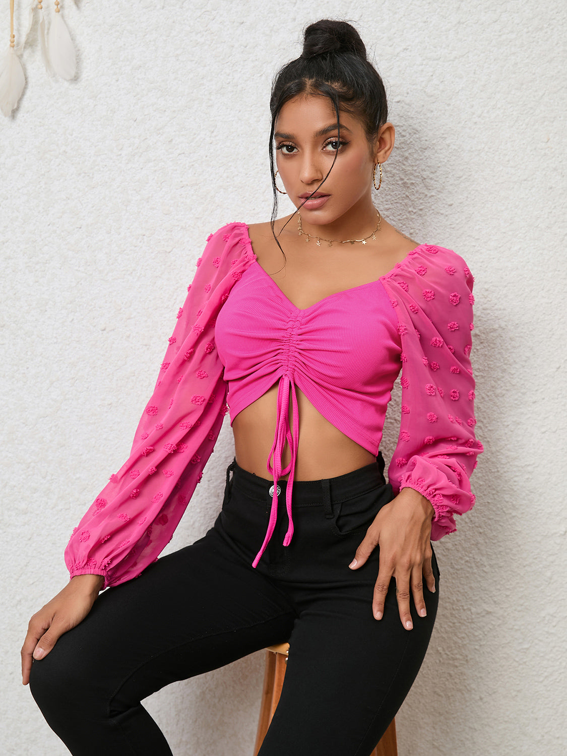 Swiss Dot Drawstring Cropped Blouse Hot Pink