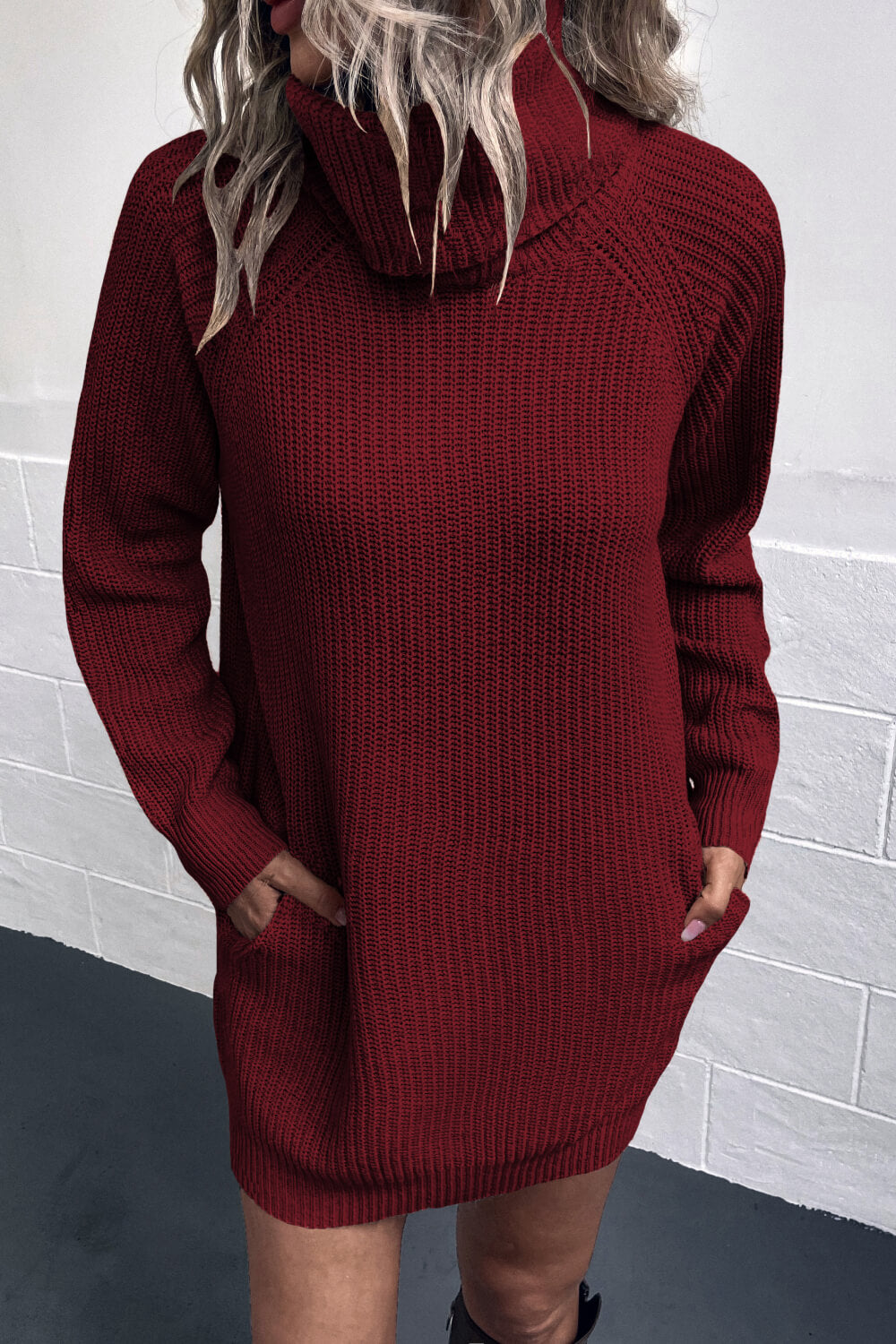 Turtleneck Sweater Dress with Pockets Wine