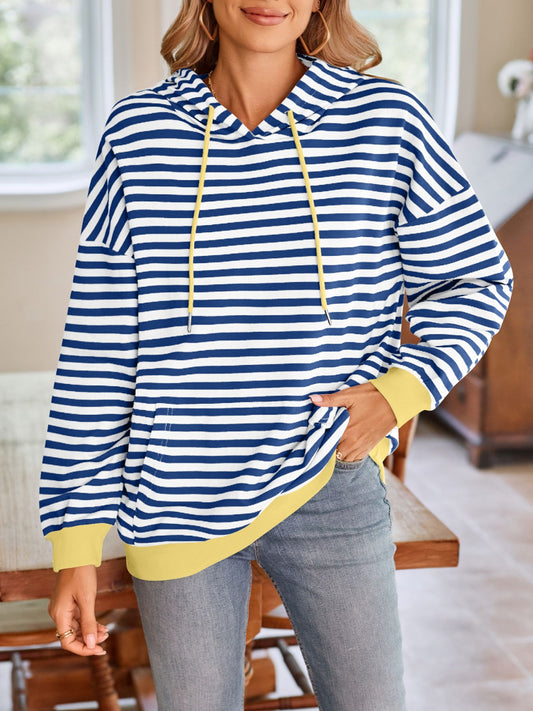 Lovelet Drawstring Striped Long Sleeve Hoodie Royal Blue