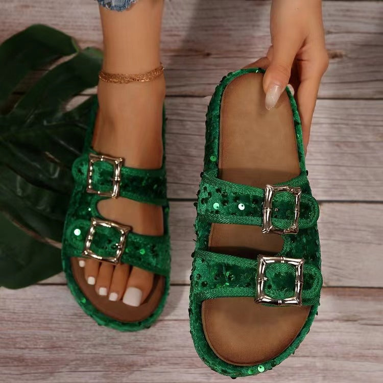 Sequin Trim Open Toe Sandals Dark Green