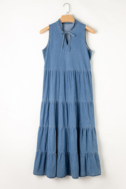 Tie Neck Sleeveless Denim Dress Light