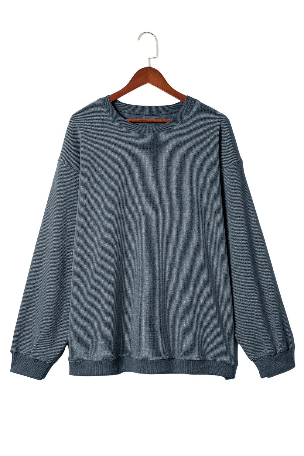 Blue Plus Size Corded Round Neck Sweatshirt