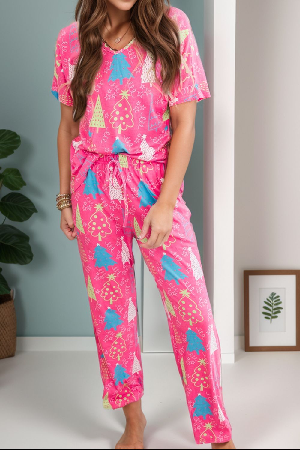 Printed V-Neck Short Sleeve Top and Pants Lounge Set Hot Pink