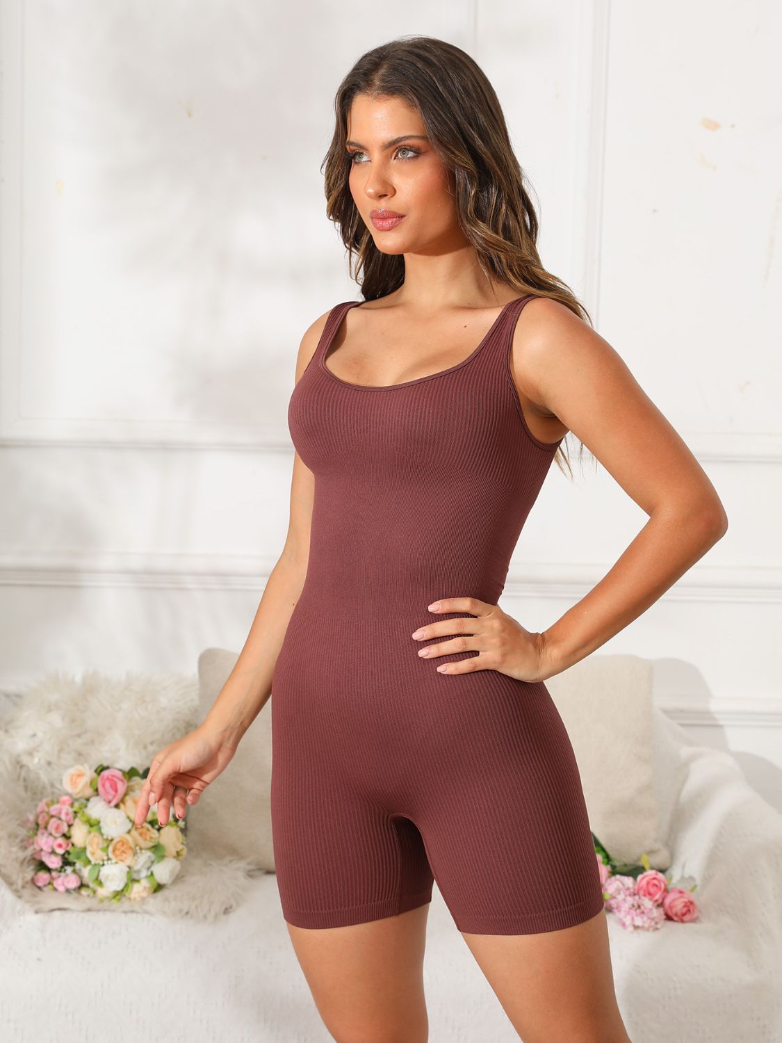 Scoop Neck Wide Strap Active Romper Dark Brown