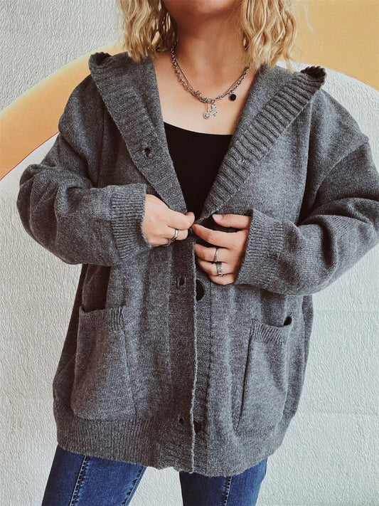 Dropped Shoulder Long Sleeve Hooded Cardigan Dark Gray One Size