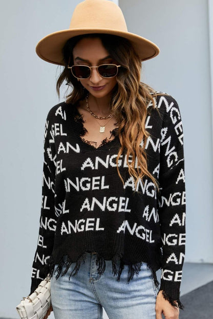 ANGEL Distressed V-Neck Dropped Shoulder Sweater Black