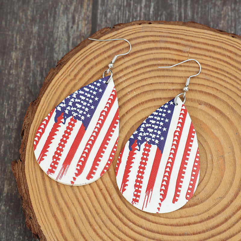 PU Leather US Flag Teardrop Shape Earrings - Thandynie