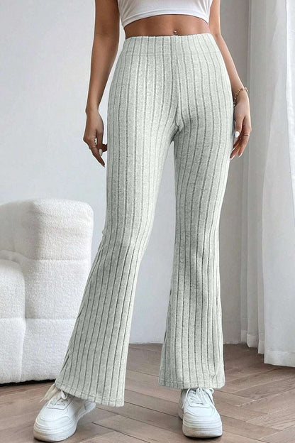 Basic Bae Full Size Ribbed High Waist Flare Pants Light Gray