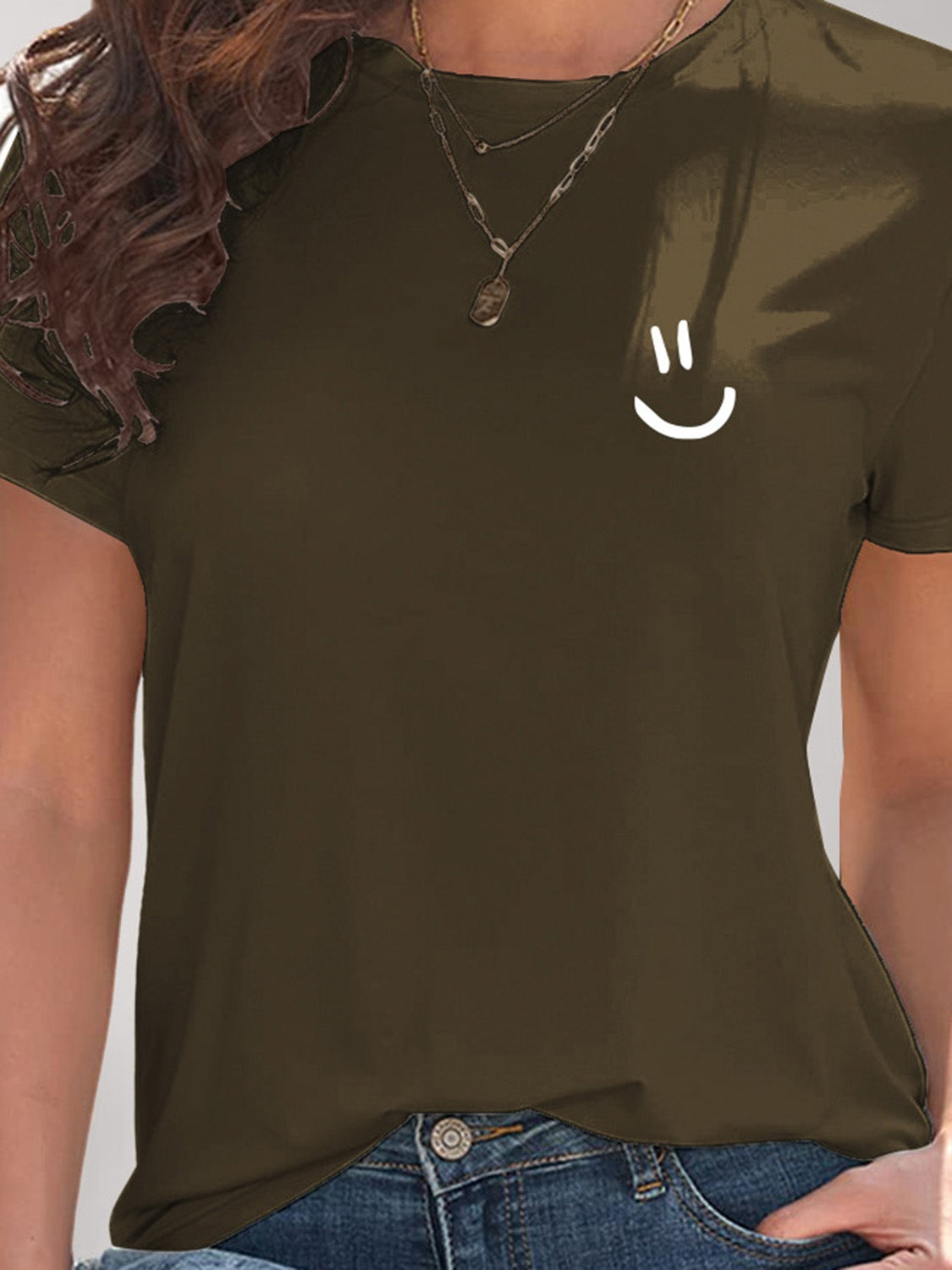 Smile Graphic Round Neck Short Sleeve T-Shirt - Thandynie