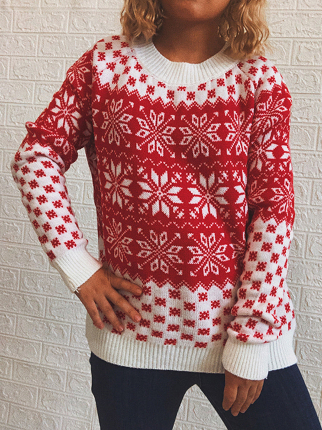 Snowflake Pattern Long Sleeve Sweater White