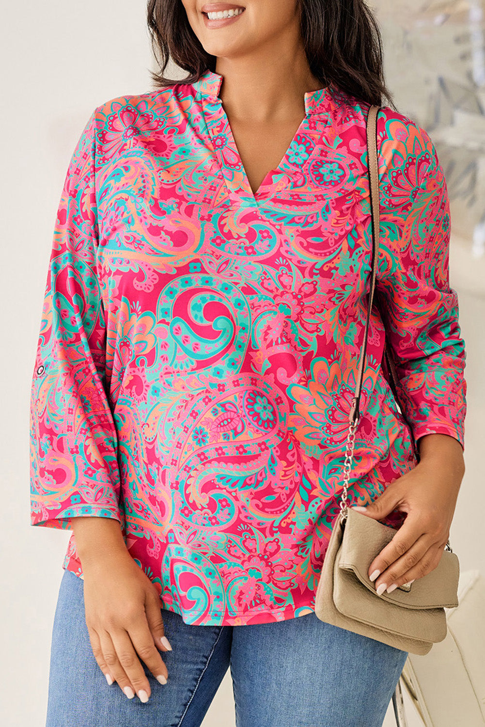 Plus Size Printed Notched Long Sleeve Blouse Hot Pink