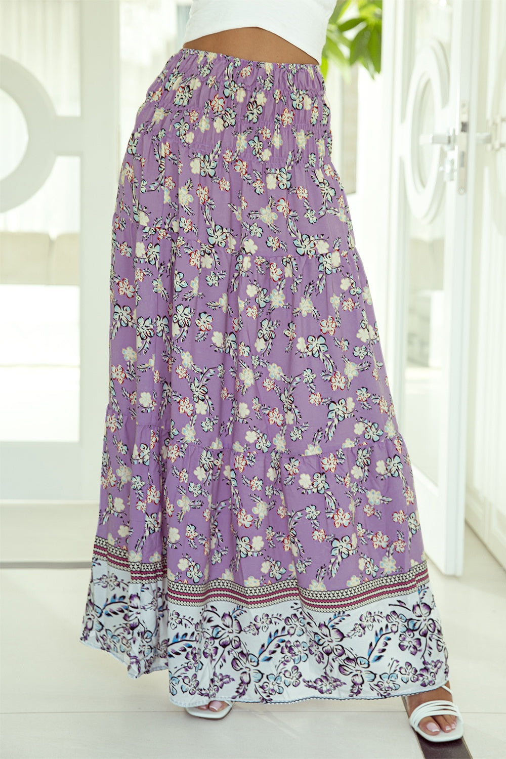 Tiered Printed Elastic Waist Skirt Lavender