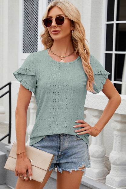 Eyelet Round Neck Petal Sleeve T-Shirt Sage