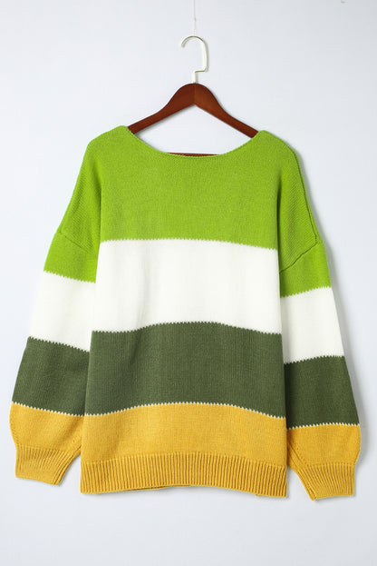 Green Plus Size Color Block Patchwork Sweater - Cozy & Stylish for Curvy Women