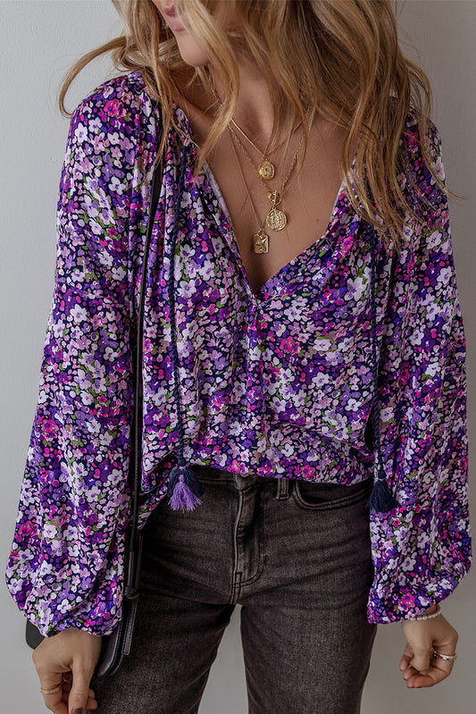 Purple Boho Flower Split V Neck Bubble Sleeve Blouse Purple 100%Polyester