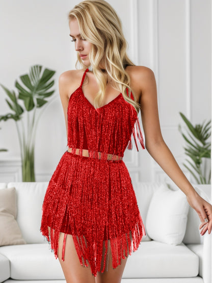 Fringe Halter Neck Top and Shorts Set Red