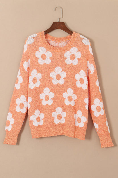 Flower Round Neck Dropped Shoulder Sweater