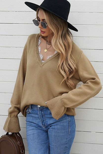 Lace Trim Flounce Sleeve V-Neck Sweater