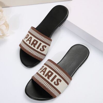 PARIS Letter Open Toe Flat Sandals Caramel