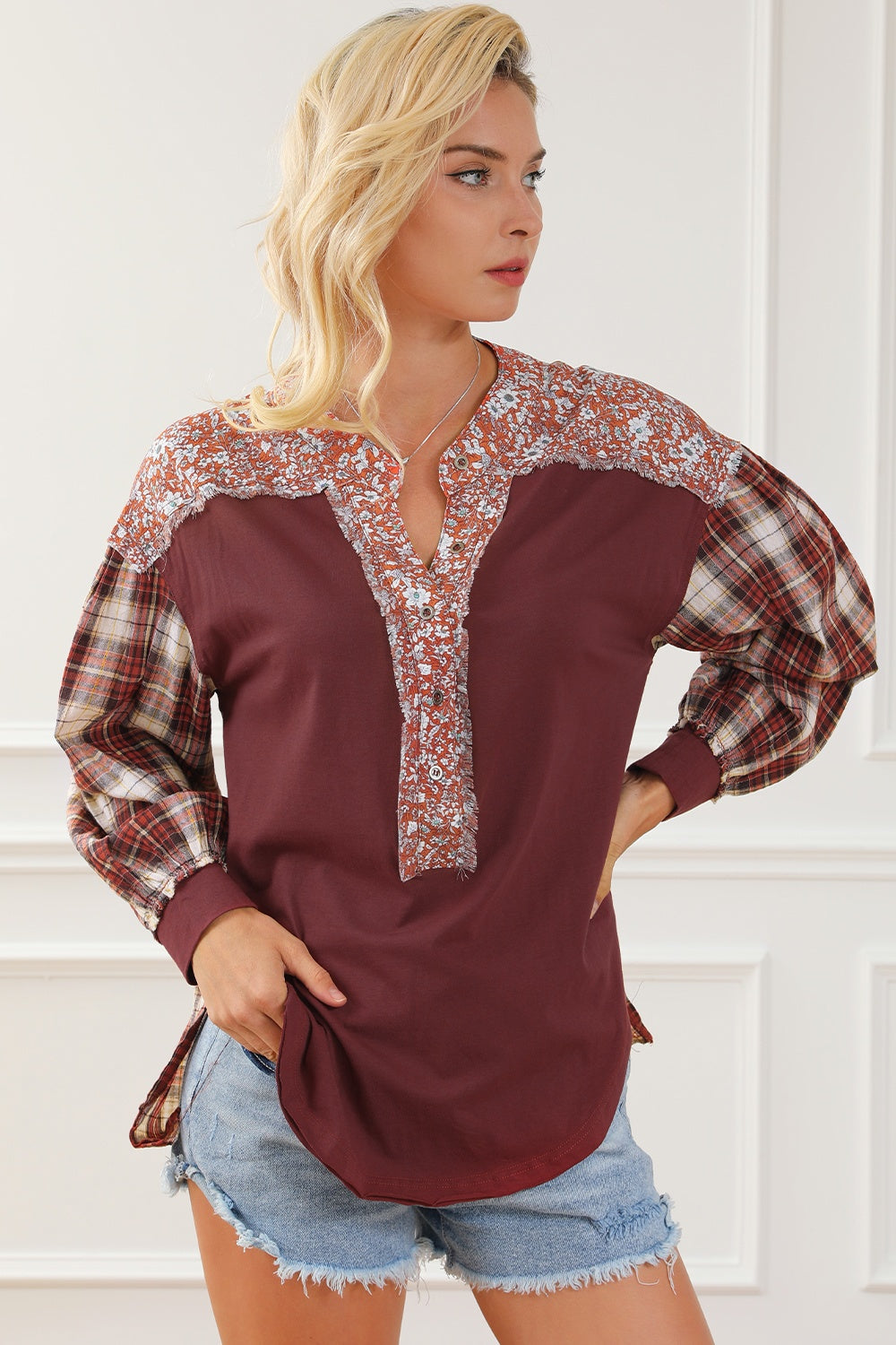 Plaid Notched Neck Slit Blouse | Effortlessly Chic & Comfortable Burgundy