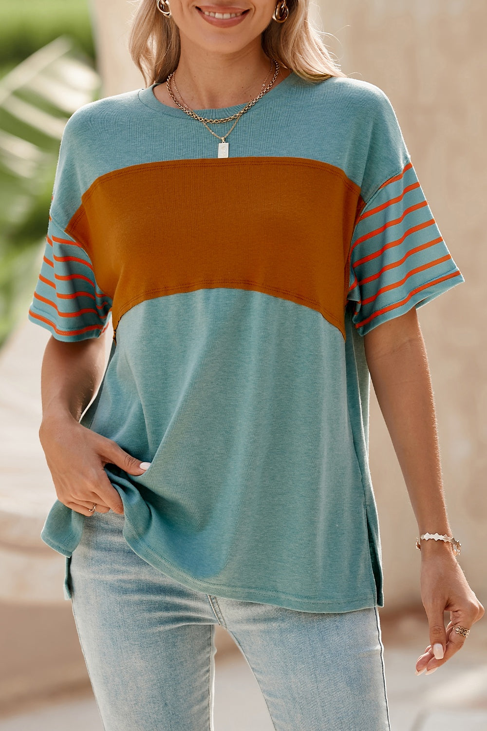 Striped Round Neck Short Sleeve T-Shirt Turquoise