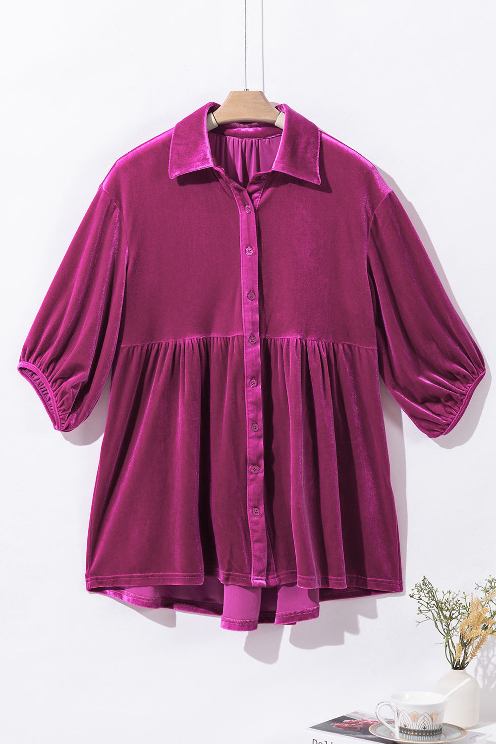 Pitaya Pink 3/4 Sleeve Tunic Babydoll Velvet Shirt