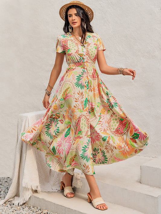 Printed V-Neck Short Sleeve Midi Dress Pastel Yellow