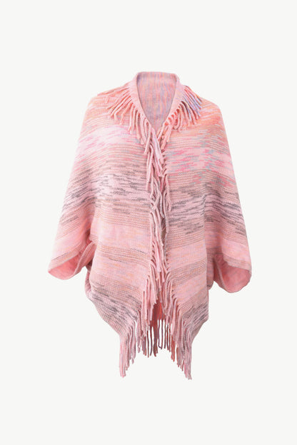 Multicolored Fringe Trim Poncho Blush Pink One Size