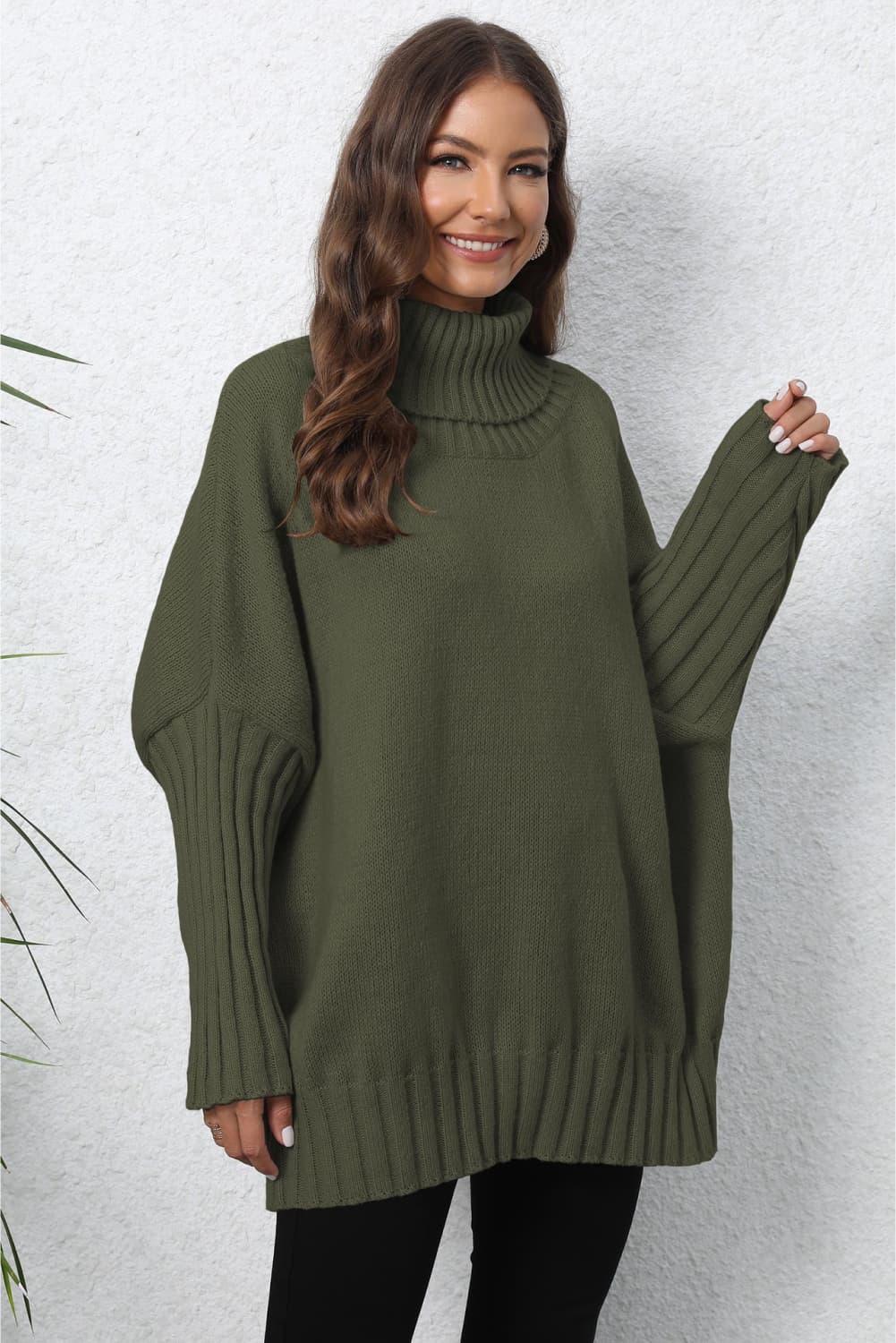 Turtle Neck Long Sleeve Ribbed Sweater Army Green One Size