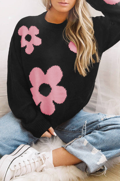 Round Neck Floral Pattern Color Contrast Design Long Sleeve Sweater Pink