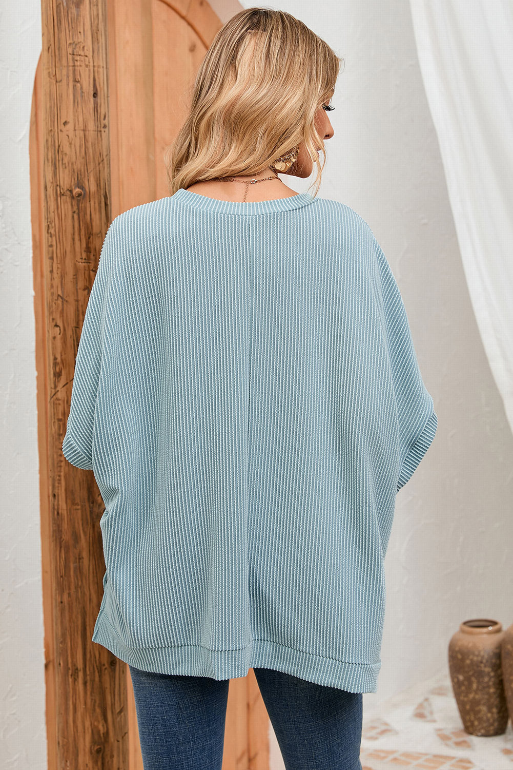 Sky Blue Ribbed Knit Batwing Sleeve Tunic Oversized T Shirt