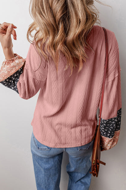 Dusty Pink Floral Patchwork Textured Knit Drawstring V Neck Blouse