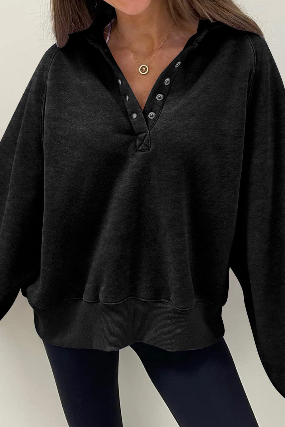 Half Snap Long Sleeve Sweatshirt Black