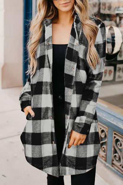 Women's Longline Plaid Shirt Coat with Turn-Down Collar | Classic British Style