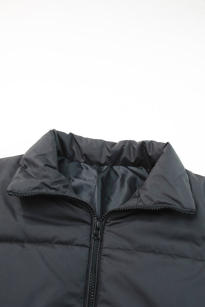 Black Zip Up Drawstring Hem Puffer Coat