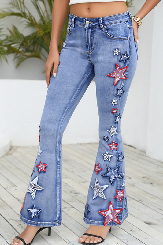 Full Size Star Applique Wide Leg Jeans - Thandynie