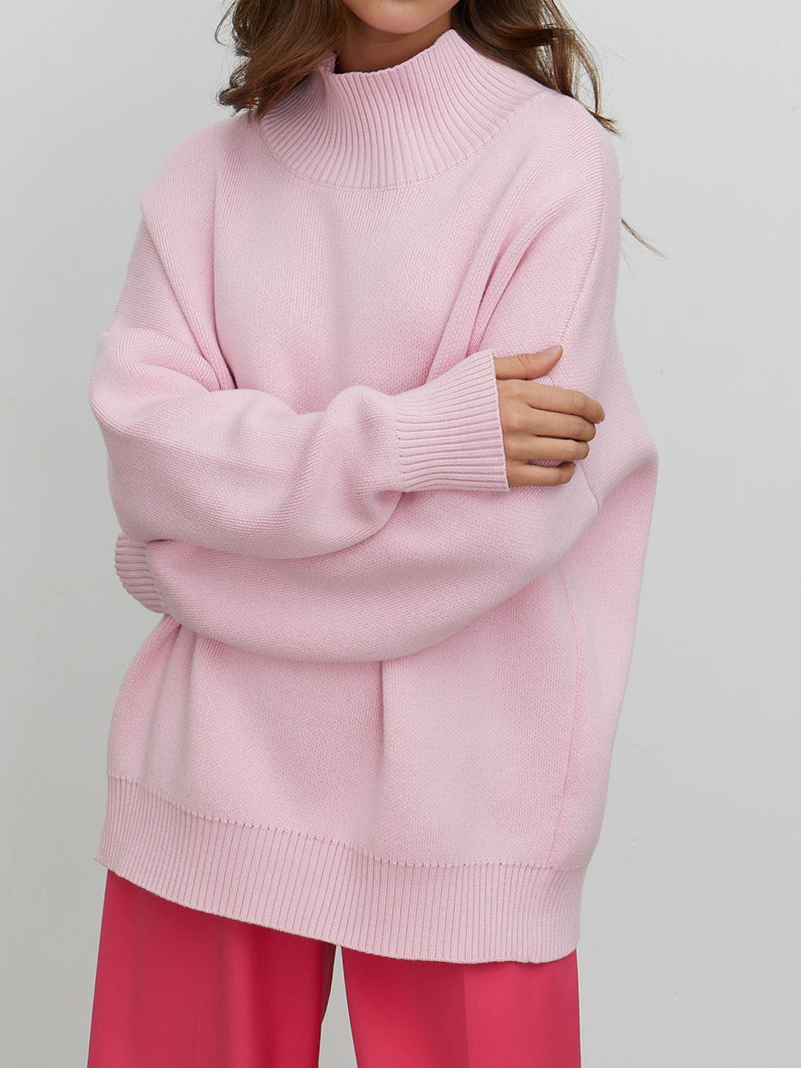 Mock Neck Dropped Shoulder Sweater Blush Pink One Size