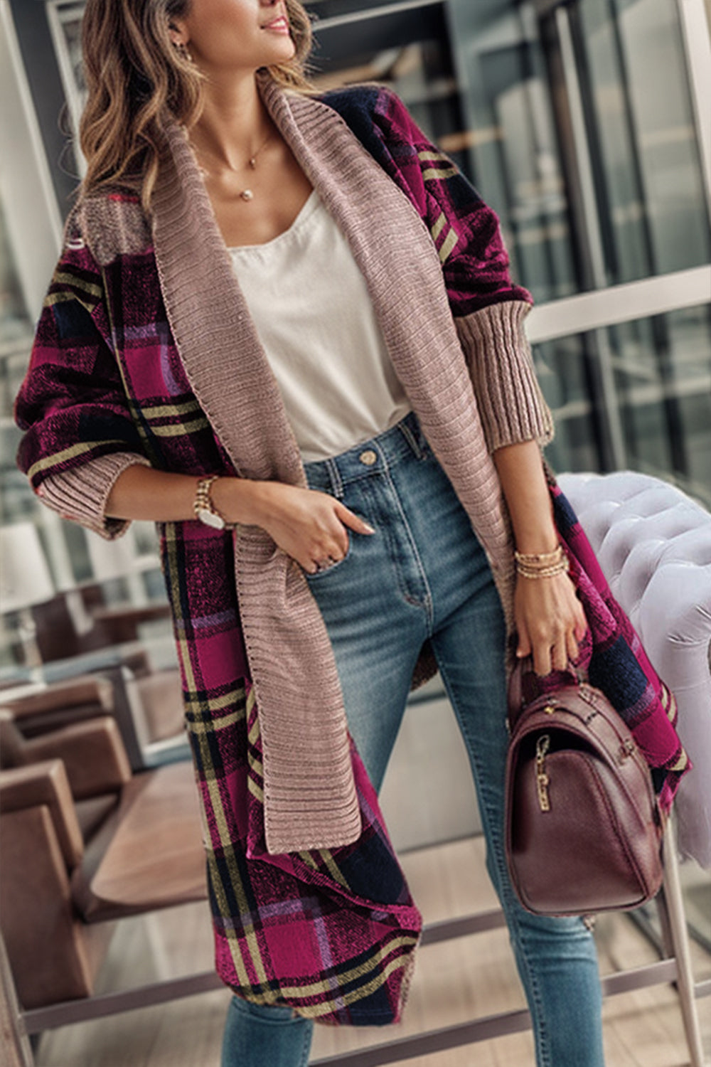 Plaid Open Front Long Sleeve Cardigan - Thandynie