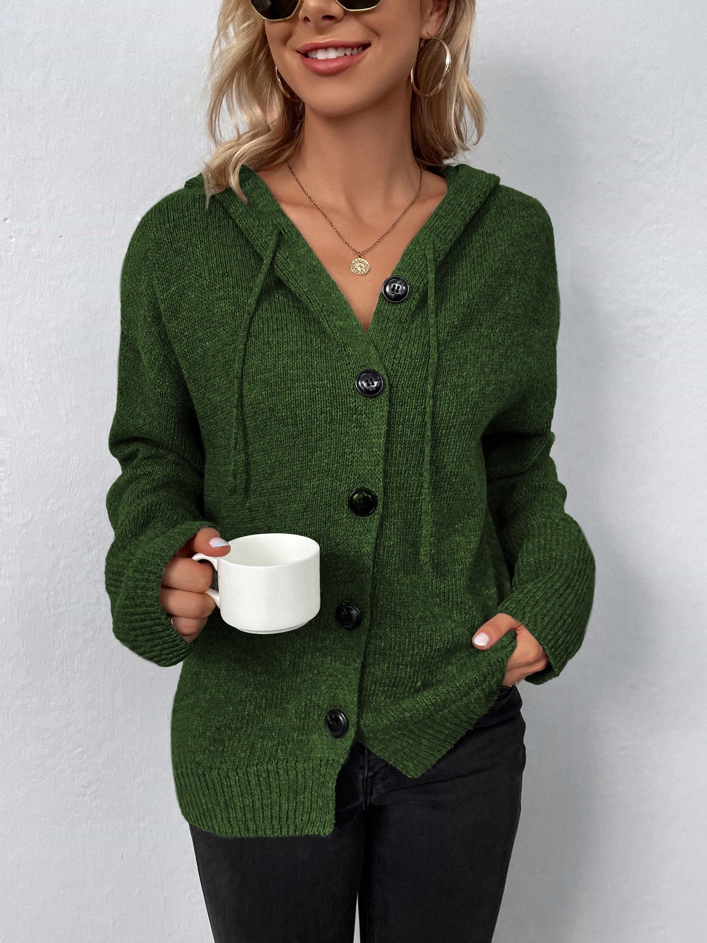 Button-Down Long Sleeve Hooded Sweater Matcha Green