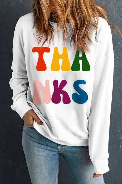 THANKS Round Neck Long Sleeve Sweatshirt White