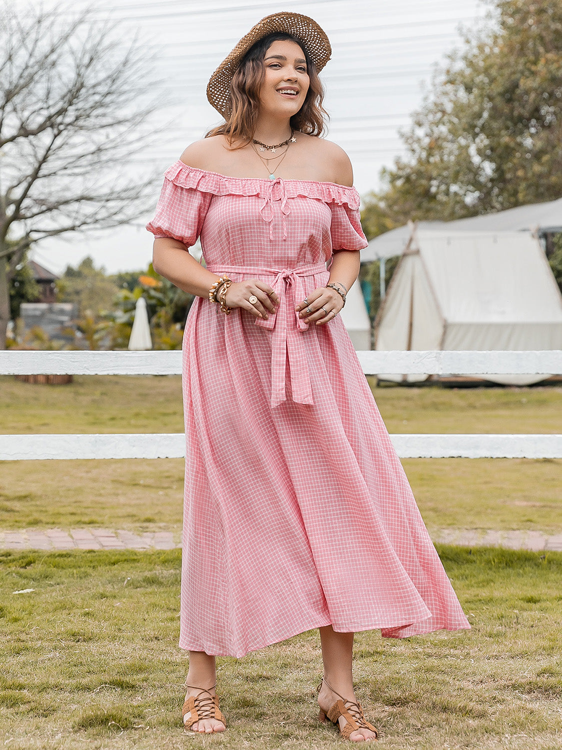 Plus Size Plaid Off-Shoulder Short Sleeve Midi Dress Blush Pink