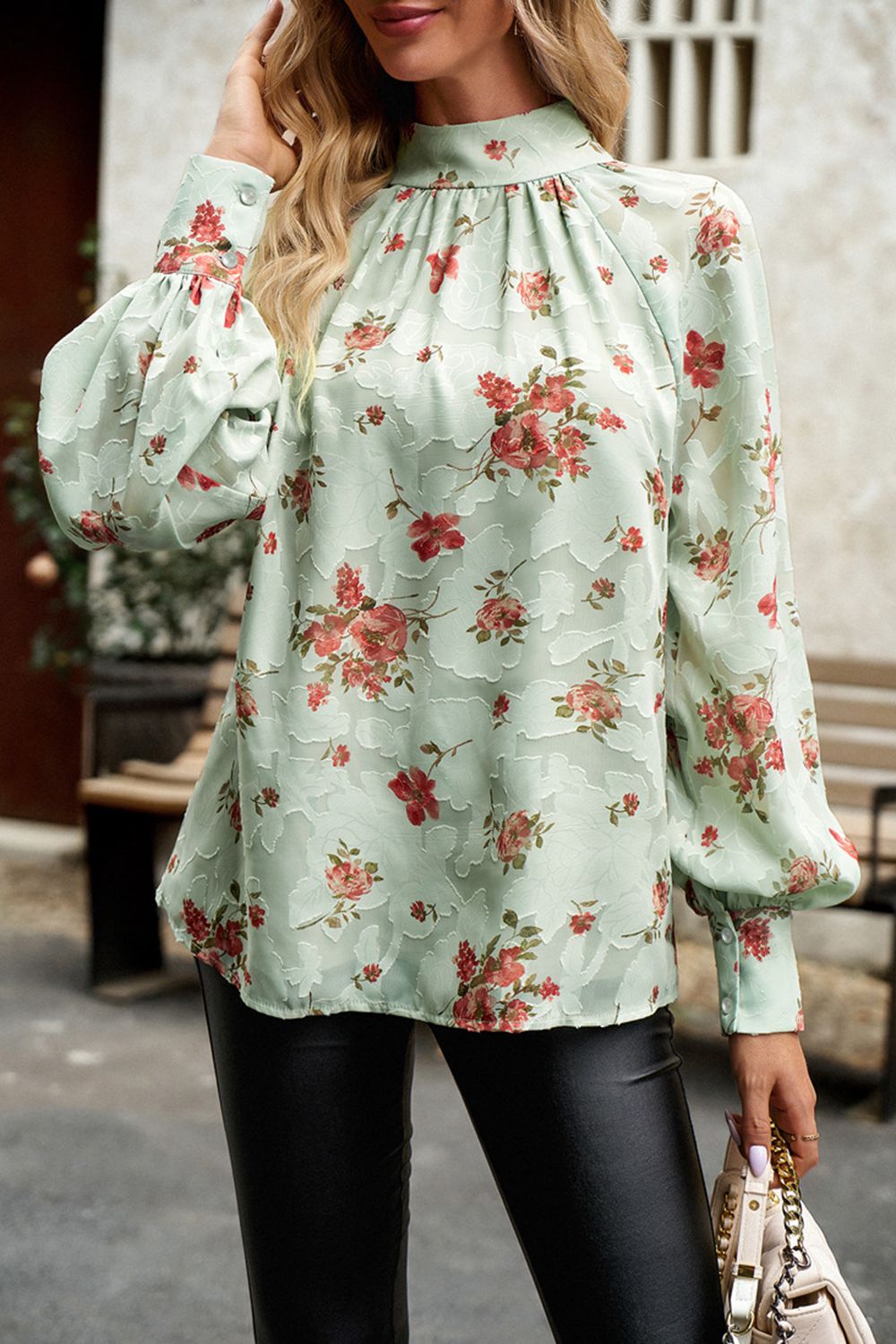 Floral Print Mock Neck Lantern Sleeve Blouse Light Green