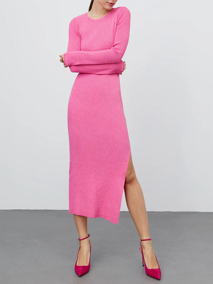 Round Neck Slit Sweater Dress Hot Pink