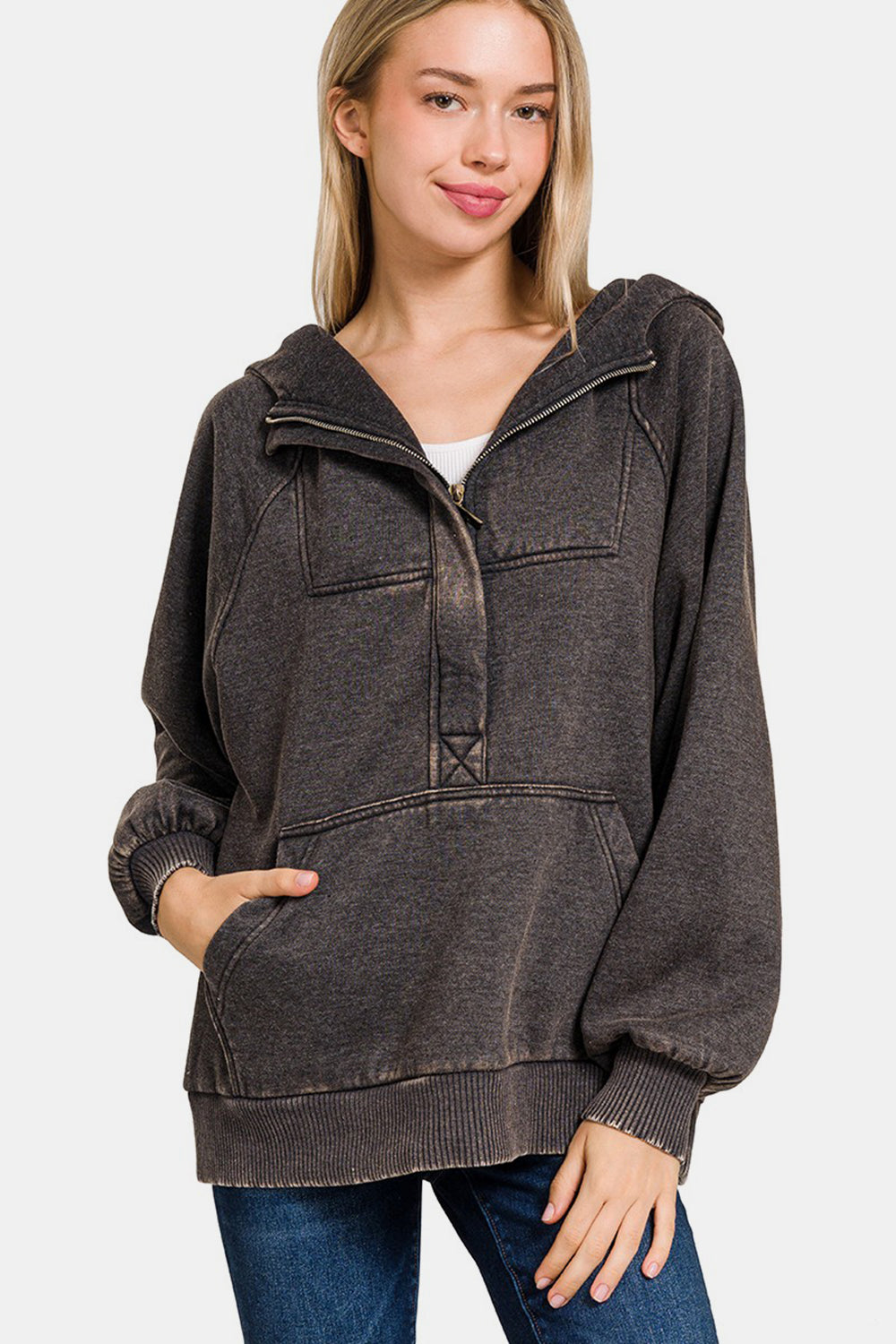 Zenana Acid Wash Fleece Kangaroo Hoodie Ash Black