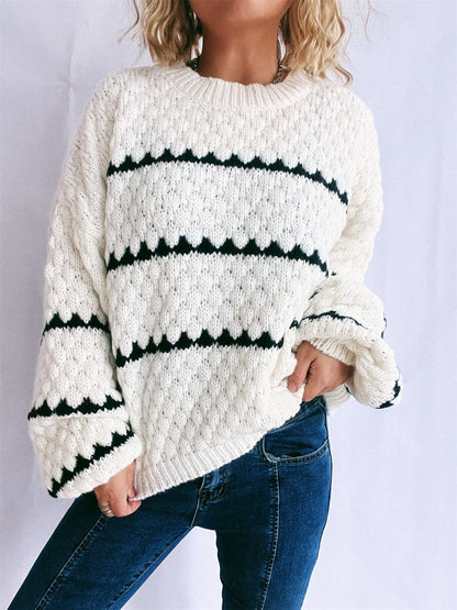 Contrast Stripes Round Neck Long Sleeve Sweater White