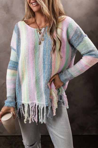 Purple Color Block Fringed Drop Shoulder Tunic Sweater Purple 46%Acrylic+23%Polyamide+21%Polyester+9%Wool+1%Elastane